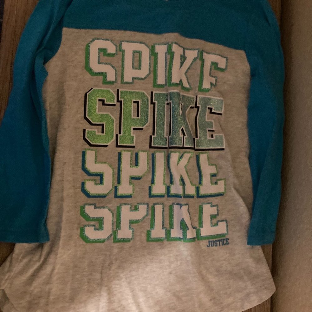 Justice Sparkly Volleyball Spike Graphic Long Sleeve Top T Shirt 12 Gray Blue